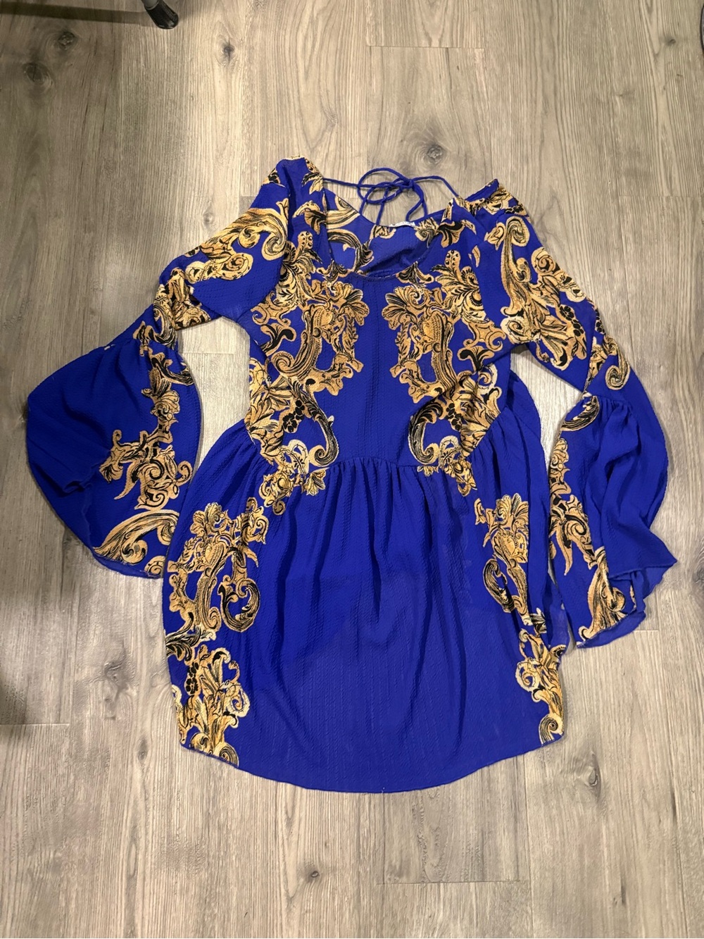 Free People Royal Blue and Gold Baroque Bell-Sleeve Tunic
